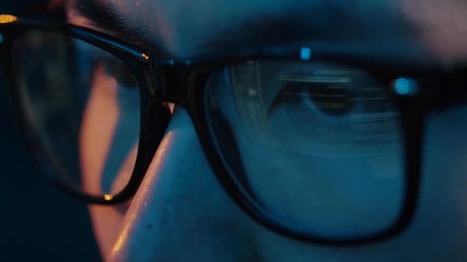 Poster - vision, hacking and technology concept - close up of hacker eyes in glasses looking at computer scre