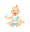 Happy infant baby boy eats itself isolated. Vector toddler in bib and diaper with spoon and bowl of porridge, 6 to 12 month milestones of newborn kid