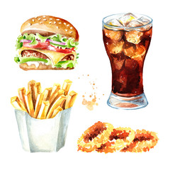 Fast food set. Hamburger,  glass of cola, onion rings, French fry stick potato. Watercolor hand drawn illustration, isolated on white background