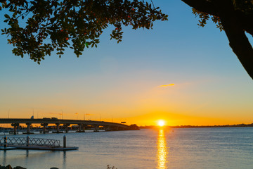 Poster - Sunrise  glows across harbor