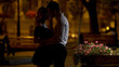 Couple of beloved going to kiss, romantic date in park, evening time, love