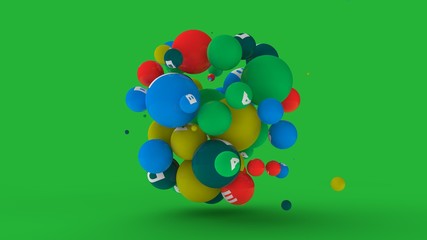 Wall Mural - 3D rendering of dozens of balls of different colors with symbols of vitamins. The idea of vitamin explosion, healthy eating and lifestyle. 3D illustration isolated on a green background.