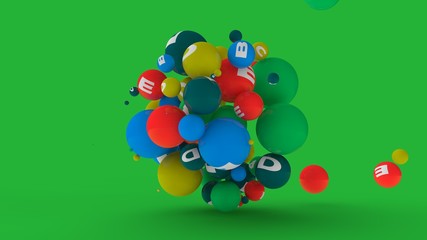 Wall Mural - 3D rendering of dozens of balls of different colors with symbols of vitamins. The idea of vitamin explosion, healthy eating and lifestyle. 3D illustration isolated on a green background.