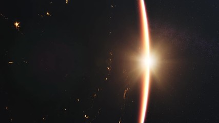 Wall Mural - 4K Beautiful Sunrise over Earth. Realistic earth with night lights from space. High quality 3d animation. Elements of this image furnished by NASA.