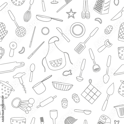 vector-seamless-pattern-of-black-and-white-kitchen-tools-repeat-background-with-isolated-monochrome-apron-cutlery-chopping-board-saucepan-measuring-cup-grater-whisk-dish-glass-fork