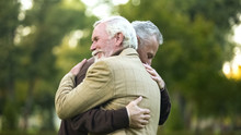 Mature Men Hugging, Happy To See Each Other, Old Friends Meeting, Greeting