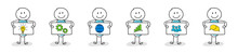 Funny Stickman With White Board And Business Icons - Set. Vector