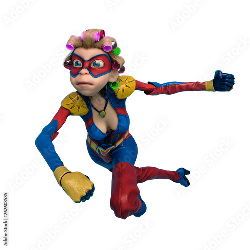 Super Mom With Curly Hair Cartoon Doing Her Ultra Punch In A White