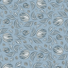 Wall Mural - Seamless vector floral pattern with abstract flowers and leaves in pastel colors on blue-gray background. Ornate endless print in vintage style