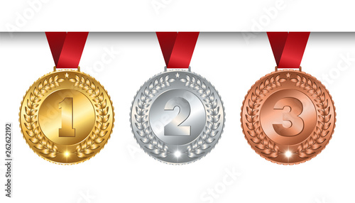 Set Of Vector Winner Medals Golden Silver Bronze For Champions With Red Ribbon Signs Of First Second And Third Place Isolated Mockup On White Background Illustration Buy This Stock Vector And