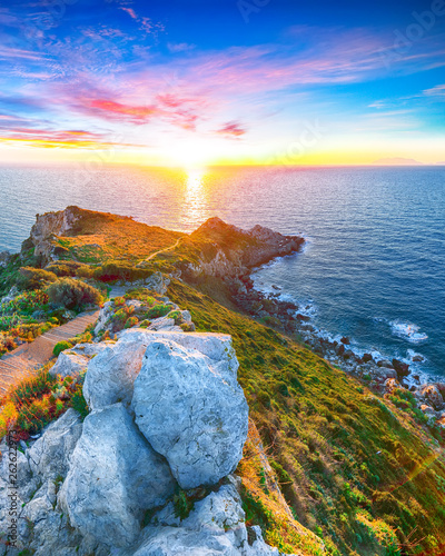 Dramatic Spring Sunset On The The Cape Milazzo Panorama Of