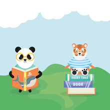 Cute Bear Panda Reading Book And Tiger In Books