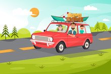 Happy Family. Father, Mother And Children Going To Travel By Car With Nature Background