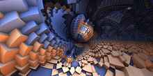 3D Abstract Landscape, Escher Style Cube Shapes Arranged Into Organic Spherical Shapes, Blue And Orange Illustration. Computer Generated Artwork, Fractal Recursive Arrangement Of Shapes.
