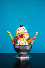 Colorful Ice-cream Sundae With Gummy Bears And Sprinkles
