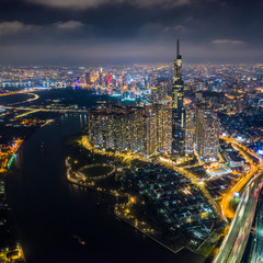 Wall Mural - aerial view of ho chi minh city skyline at night