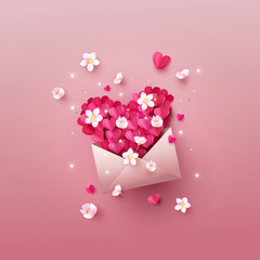 Opened envelope full of origami hearts of pink color and spring blossoms, forming a big heart. Vector illustration of love mail message. Paper cut, digital craft style