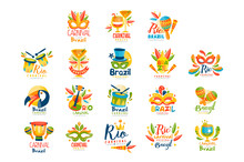 Brazilian Carnival Logo Design Set, Bright Fest.ive Party Banners Vector Illustration On A White Background