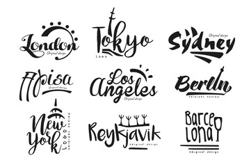 Wall Mural - Names of cities, London, Tokyo, Sydney, Pisa, Los Angeles, Berlin, New York, Reykjavik, Barcelona, city lettering design hand drawn vector Illustration