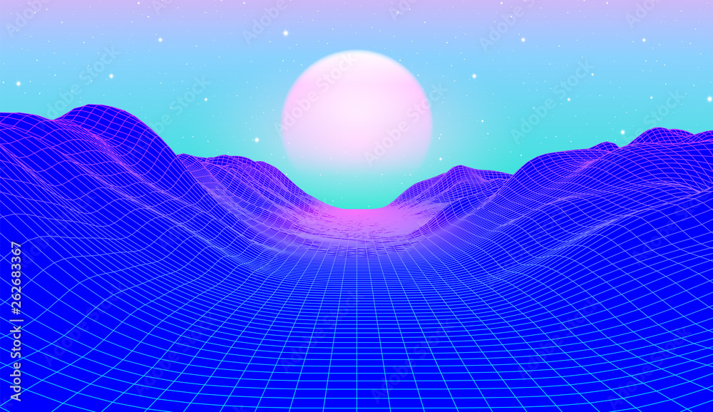 80s synthwave styled landscape with blue grid mountains and sun over canyon - obrazy, fototapety, plakaty 