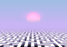 Vapor Wave Styled Scenic Landscape With Maze Below Pink And Blue Sky And Pale Sun Over Labyrinth