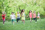 Fototapeta Las - A group of happy children of boys and girls run in the Park on the grass on a Sunny summer day . The concept of ethnic friendship, peace, kindness, childhood.