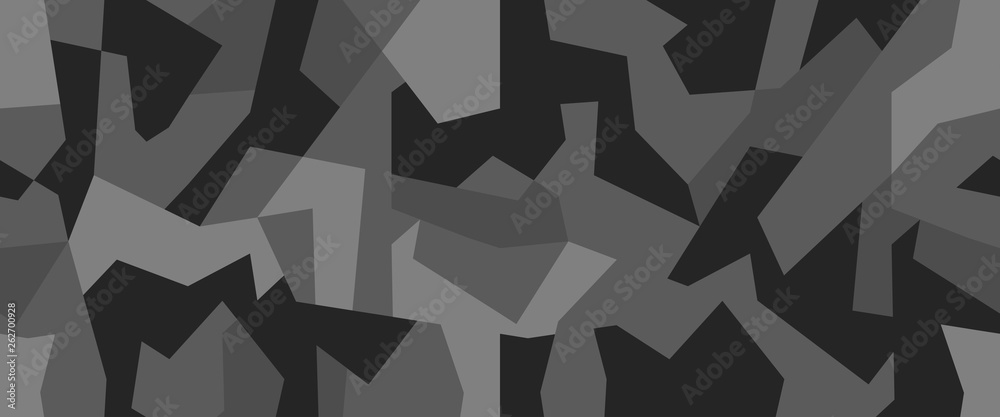 Geometric camouflage seamless pattern. Abstract modern camo, black and white modern military texture background. Vector illustration. - obrazy, fototapety, plakaty 