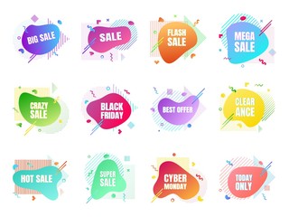 12 modern liquid abstract sale set. Clearance, big sale, black friday, special offer, hot price etc text gradient flat style design fluid vector colorful vector illustration banner shape advertising