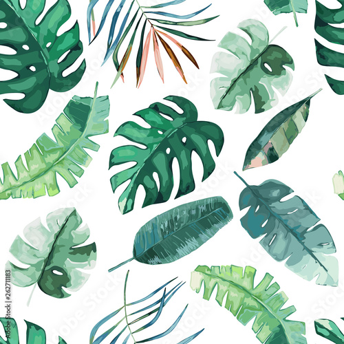 Jungle exotic seamless pattern, green tropical leaves, summer vector illustra...