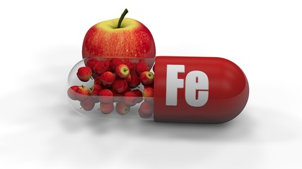 Wall Mural - 3D illustration of an Apple with a capsule, pill of the trace element iron. In the tablet to a variety of apples. 3D rendering isolated on white background. The object symbolizes a healthy lifestyle.