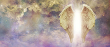 Guardian Angel Light Being Watching Over You - Pair Of Golden Angel Wings With A Bright Light Between Against A Colourful Turbulent Cloudscape With Copy Space