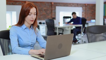 Poster - Busy industrial modern office in the daytime. Business woman working on laptop at workplace.