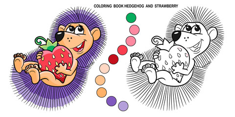 Coloring book hedgehog and strawberry, cartoon character, flat style.