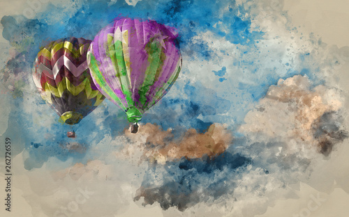 Obraz w ramie Watercolour painting of Stunning blue sky cloud formations with hot air balloons