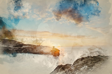 Wall Mural - Watercolor painting of Beautiful vibrant sunrise over rocky coastline