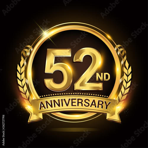 Cuadros en Lienzo 52nd golden anniversary logo, 52 years anniversary celebration with ring and ribbon, Golden anniversary laurel wreath design