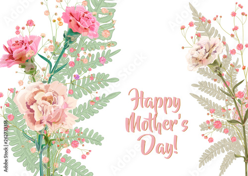 Horizontal Mother's Day card with carnation: pale, red, pink, flowers, twigs ...