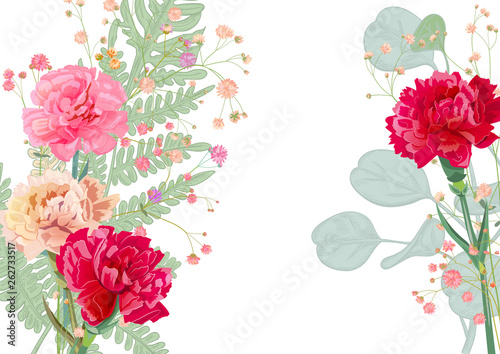Horizontal Mother's Day card with carnation: pale, red, pink, flowers, twigs ...