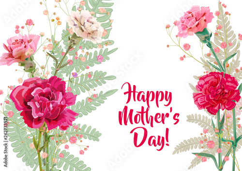 Horizontal Mother's Day card with carnation: pale, red, pink, flowers, twigs ...