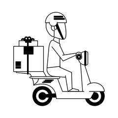 Delivery guy driving scooter with boxes in black and white