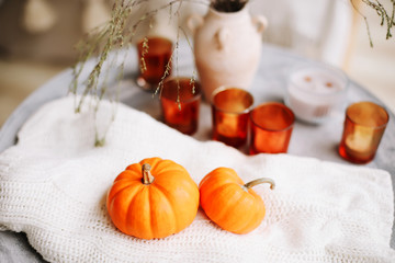 Autumn composition with pumpkins. Autumn, fall, Halloween, Thanksgiving day concept. Flat lay, top view