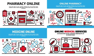 Poster - Online pharmacy banner set. Outline set of online pharmacy vector banner for web design
