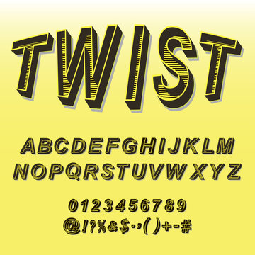 Isometric letters halftone font vector illustration. Abstract alphabet typography, numbers and symbols or signs in geometric shape 3D style on yellow background