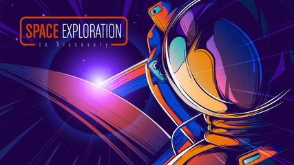 Wall Mural - A comic illustration of an astronaut in space with sunlight at horizon.