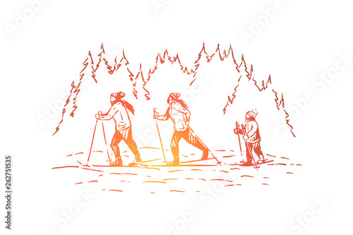 Fotografía Parents with child skiing together, people in warm clothes, winter holiday vacat