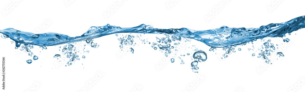 fresh blue natural drink water wave wide panorama with bubbles concept isolated white background - obrazy, fototapety, plakaty 