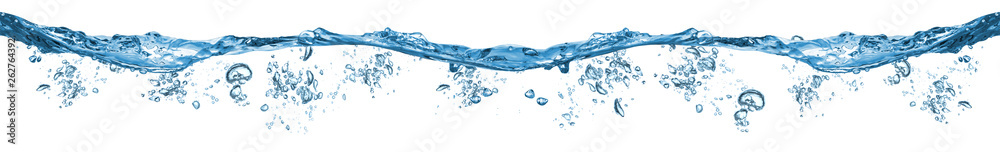 fresh blue natural drink water wave wide panorama with bubbles concept isolated white background - obrazy, fototapety, plakaty 