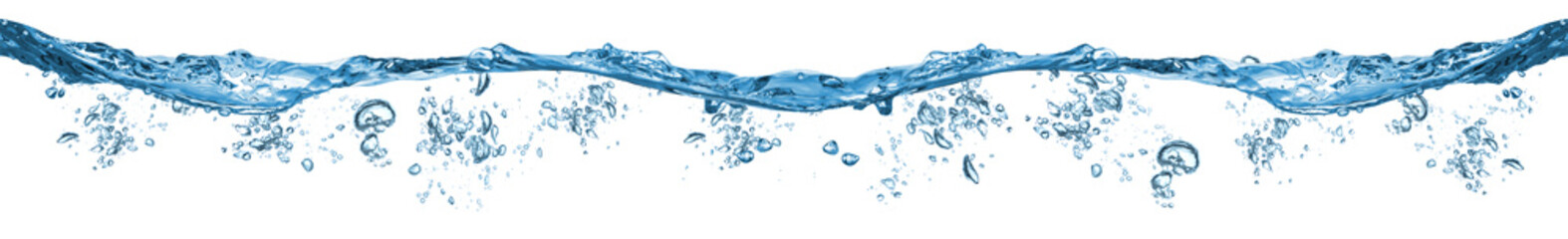 Wall Mural - fresh blue natural drink water wave wide panorama with bubbles concept isolated white background
