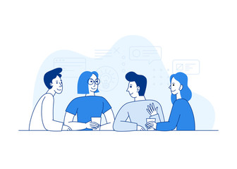 Poster - Vector illustration in trendy flat linear style - creative team working together - guys and girls - business meeting concept with cartoon characters