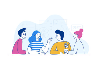 Poster - Vector illustration in trendy flat linear style - creative team working together - guys and girls - business meeting concept with cartoon characters